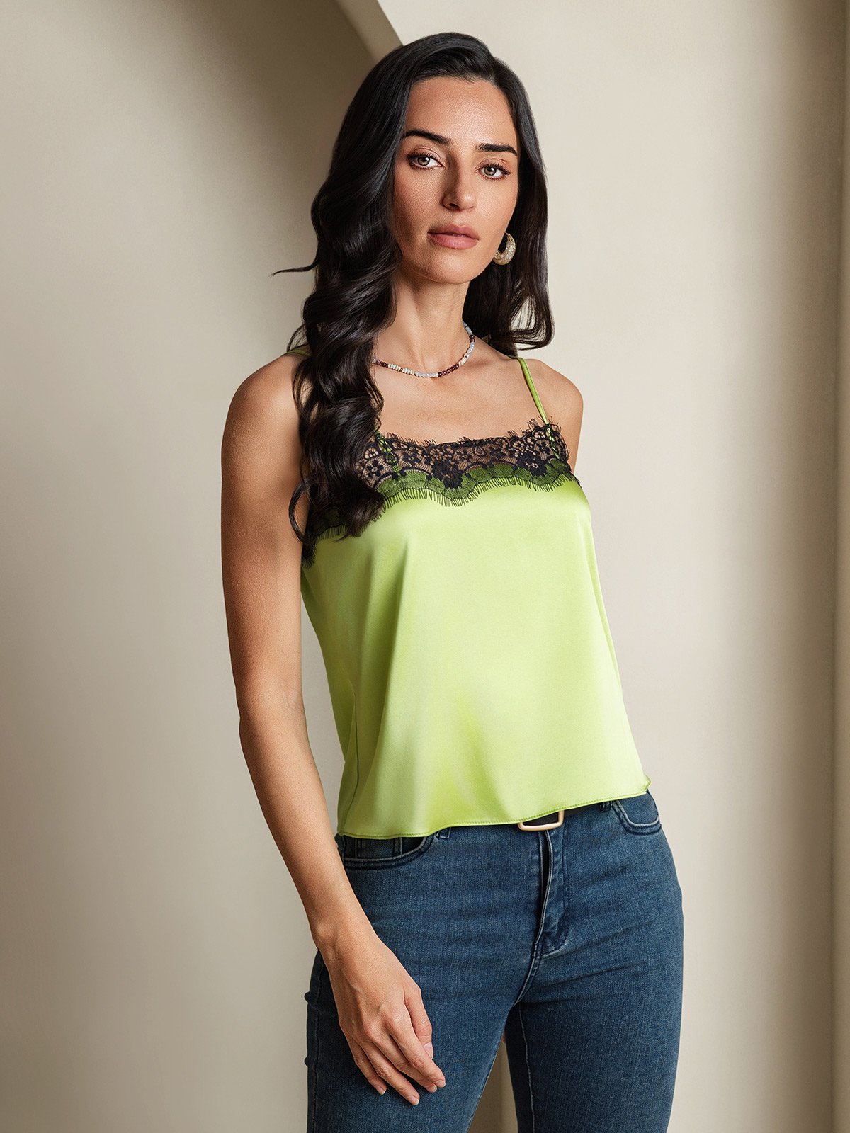 Reyanna™ |Silke Spaghetti Rem Spetsdetaljer Cami Toppar