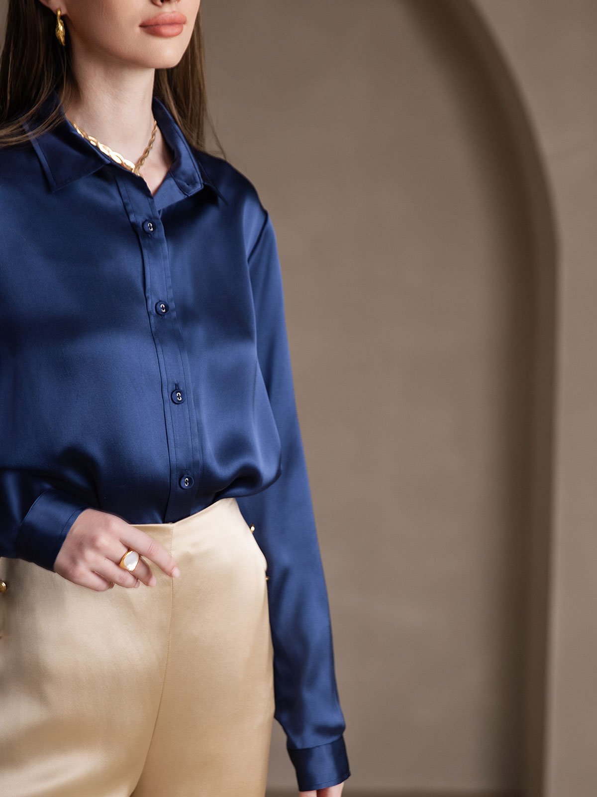 Dam 19 Momme Mulberry Silke Elegant Långärmad Skjorta