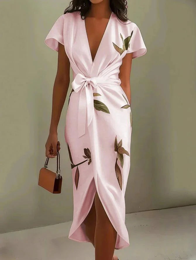 Reyanna™ | White Leaf Short Sleeve Satin Wrap Sheath Midi Dress
