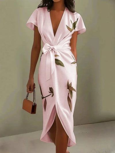 Reyanna™ | White Leaf Short Sleeve Satin Wrap Sheath Midi Dress