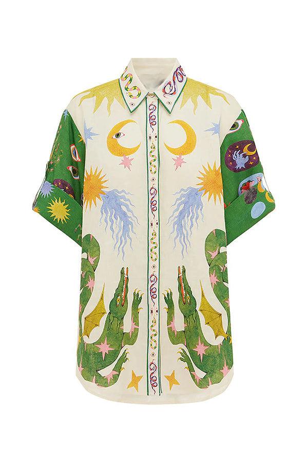 Reyanna™ | Days of Heaven Linen Blend Unique Print Blouse and Elastic Waist Pocketed Shorts Set
