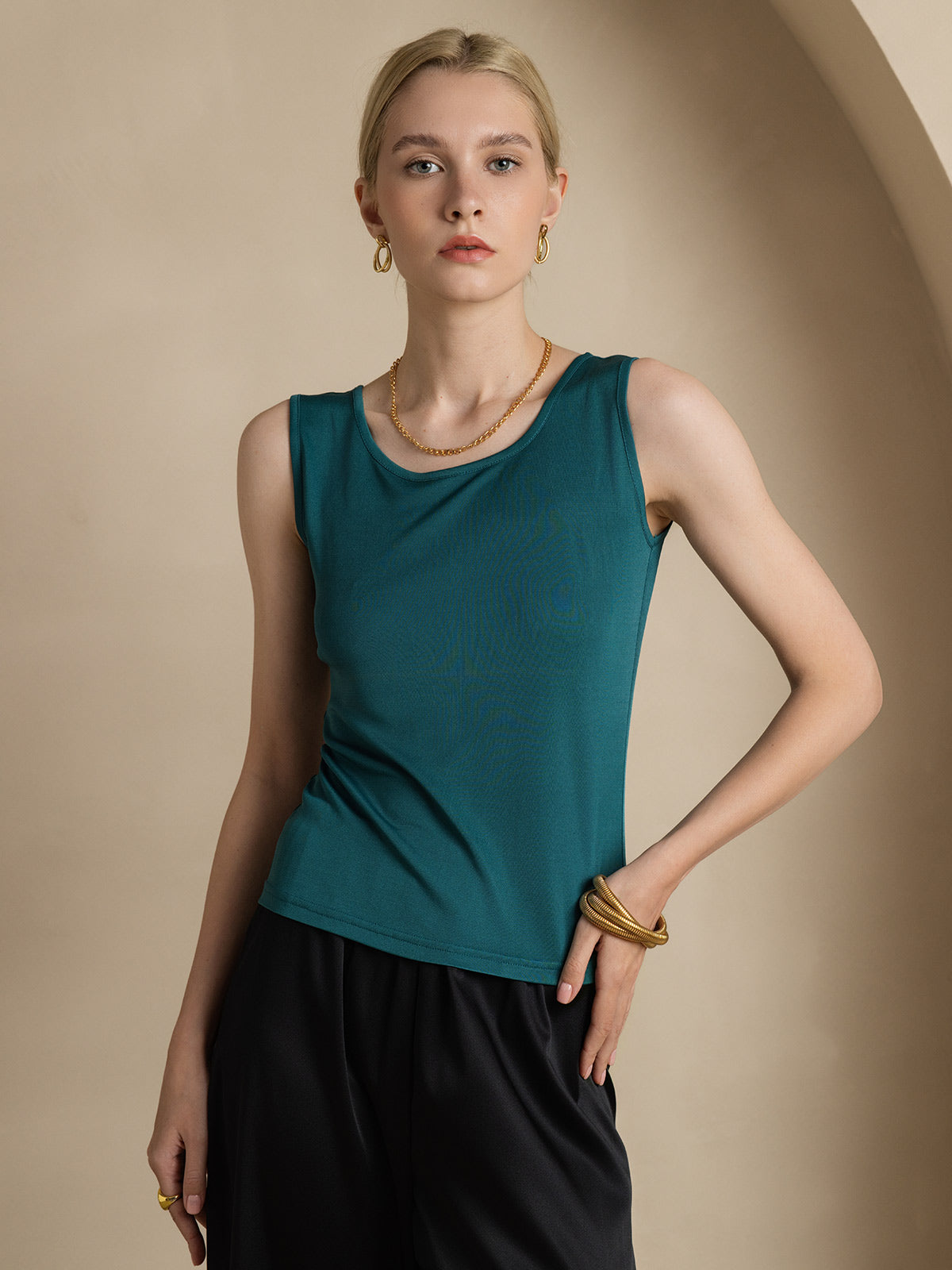 Reyanna™ | Sidenstickad Lounge Rund Halsringning Tank Top