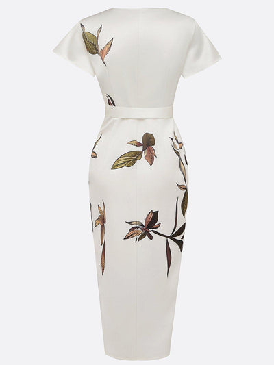 Reyanna™ | White Leaf Short Sleeve Satin Wrap Sheath Midi Dress