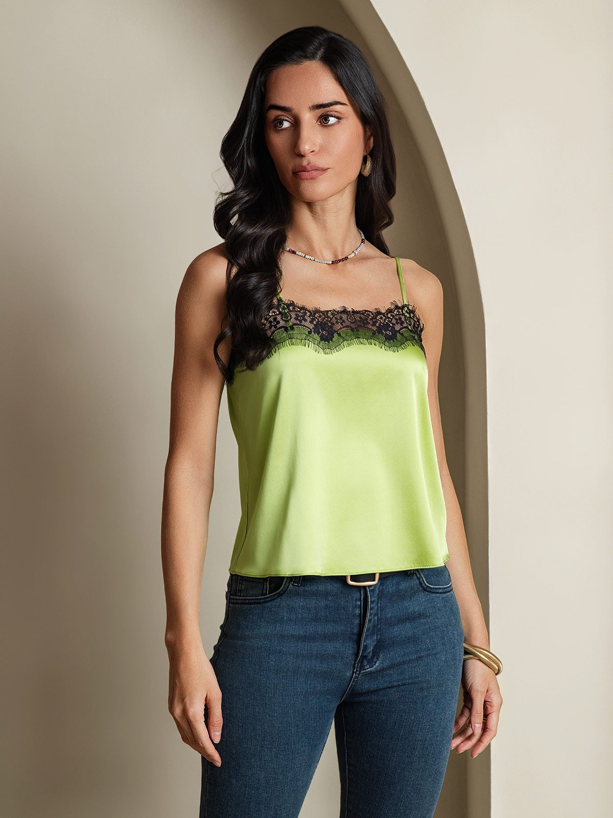 Reyanna™ |Silke Spaghetti Rem Spetsdetaljer Cami Toppar