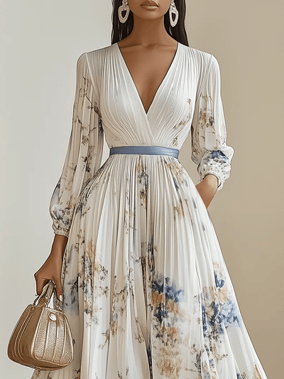 Reyanna™ | Spring New White Pleated Chiffon V Neck Floral Long Sleeve Balloon Sleeve A-Line Maxi Dress