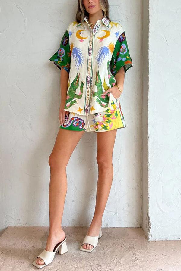 Reyanna™ | Days of Heaven Linen Blend Unique Print Blouse and Elastic Waist Pocketed Shorts Set