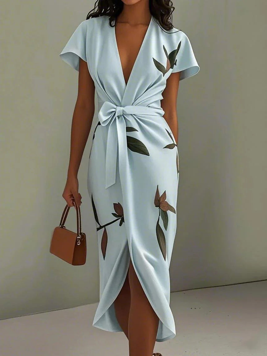 Reyanna™ | White Leaf Short Sleeve Satin Wrap Sheath Midi Dress