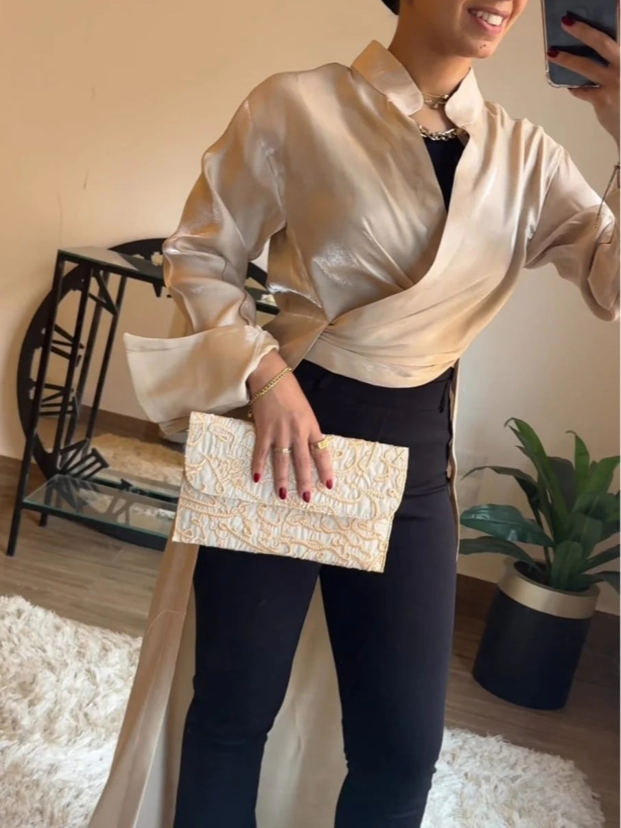 Reyanna™ | Satin stand-up collar and paneled back hem shirt