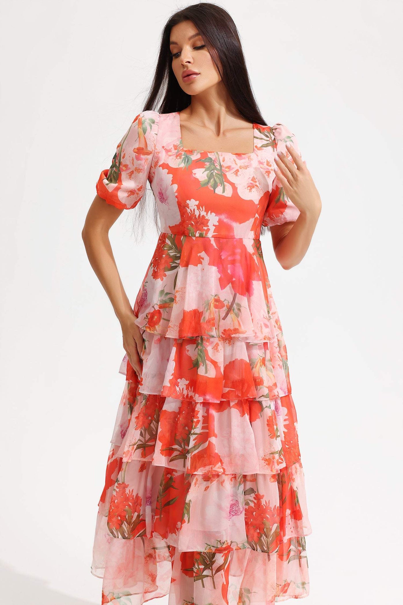 Reyanna™ | Floral Square Collar Lantern Sleeve Tapered Waist Midi Dress