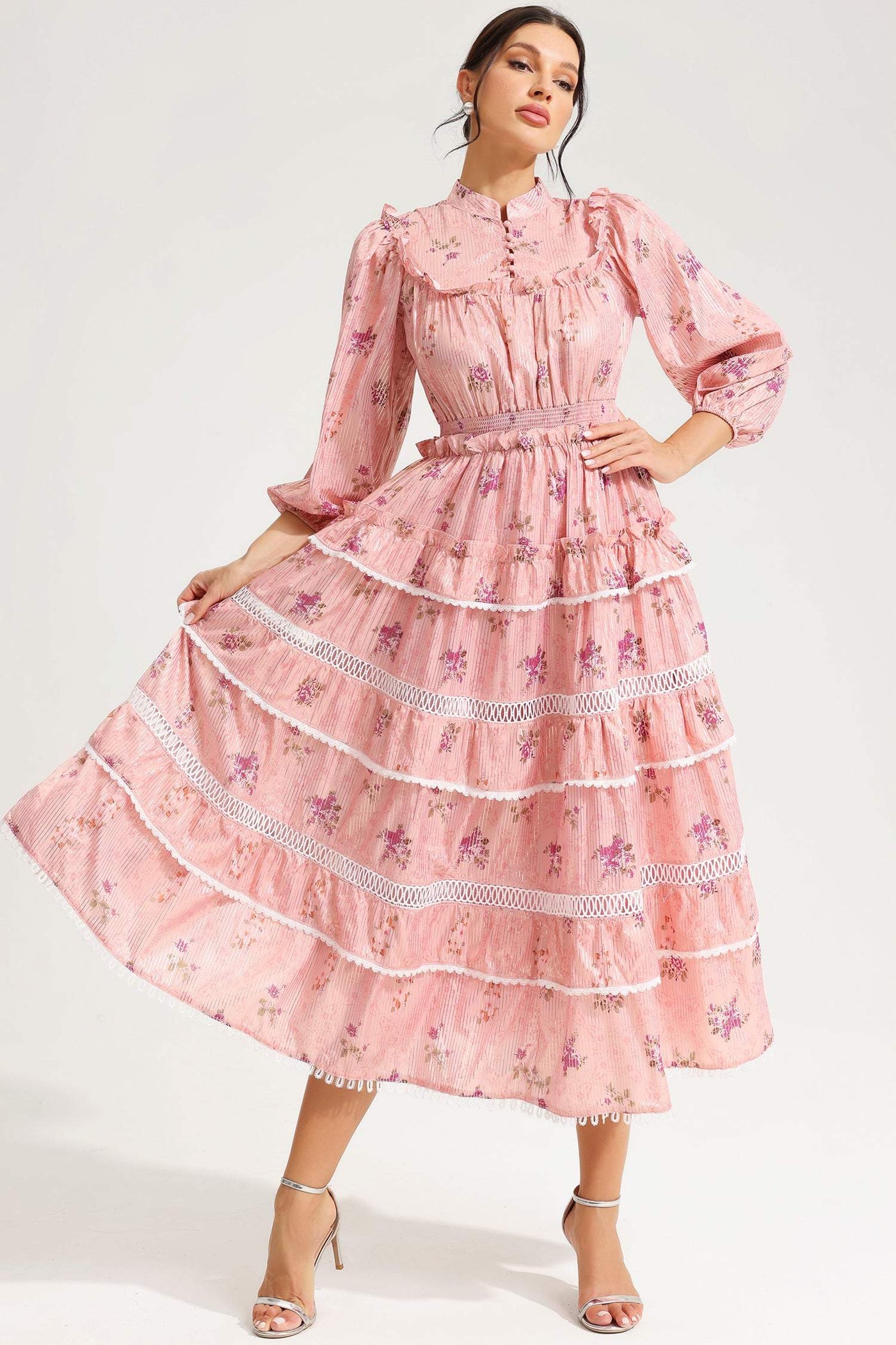 Reyanna™ | Floral Lantern Sleeve Buckle Midi Dress Pink