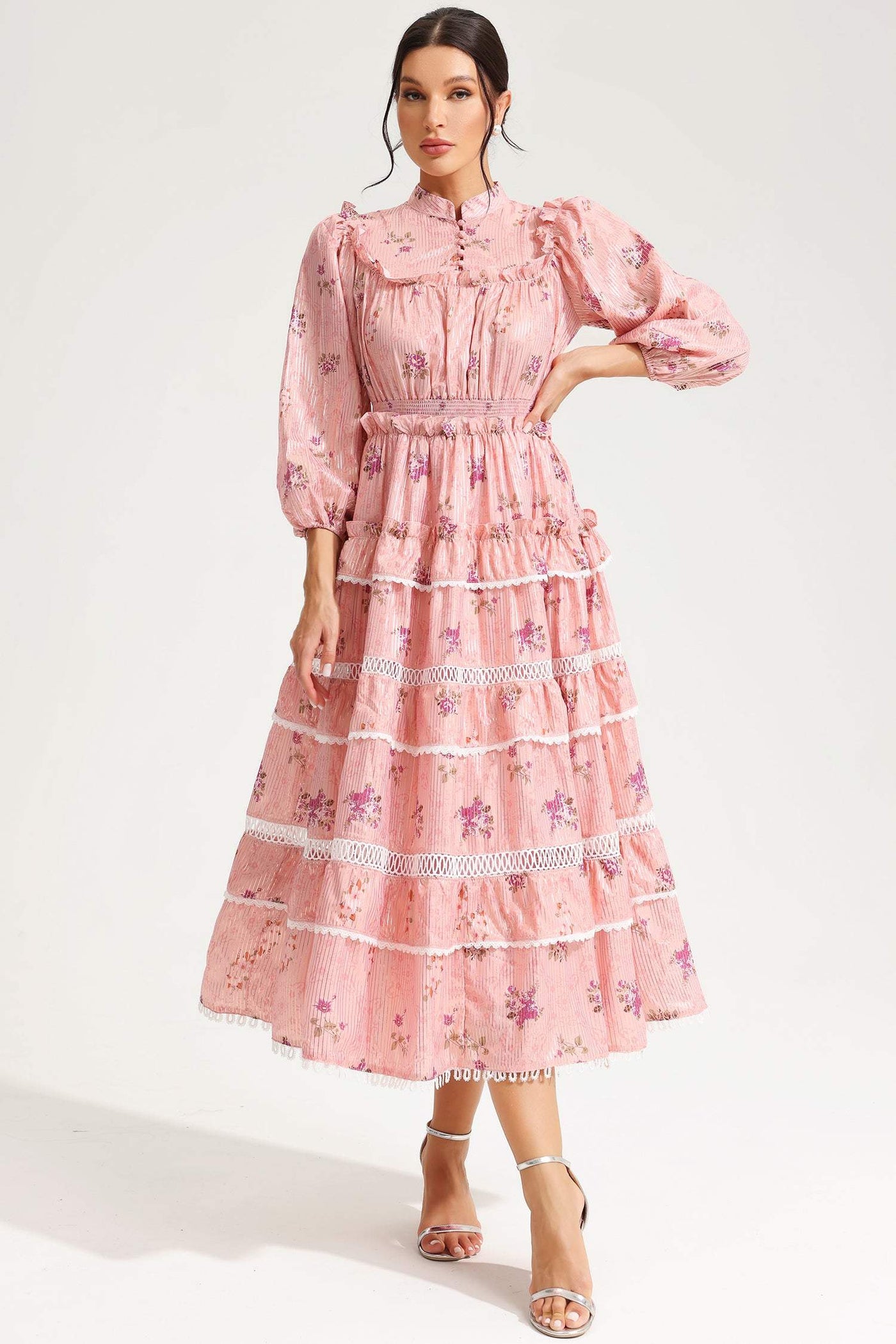 Reyanna™ | Floral Lantern Sleeve Buckle Midi Dress Pink