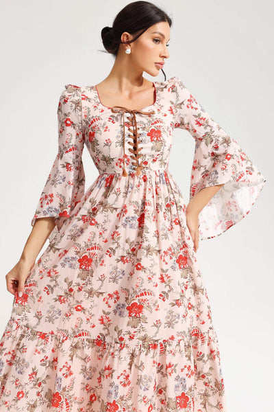 Reyanna™ | Floral Square Collar Flared Sleeve Lace Midi Dress