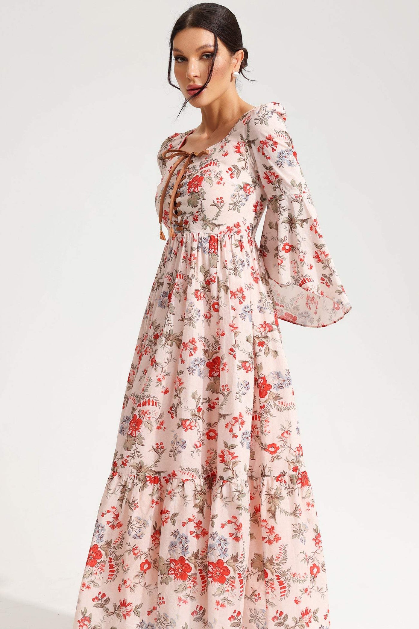 Reyanna™ | Floral Square Collar Flared Sleeve Lace Midi Dress