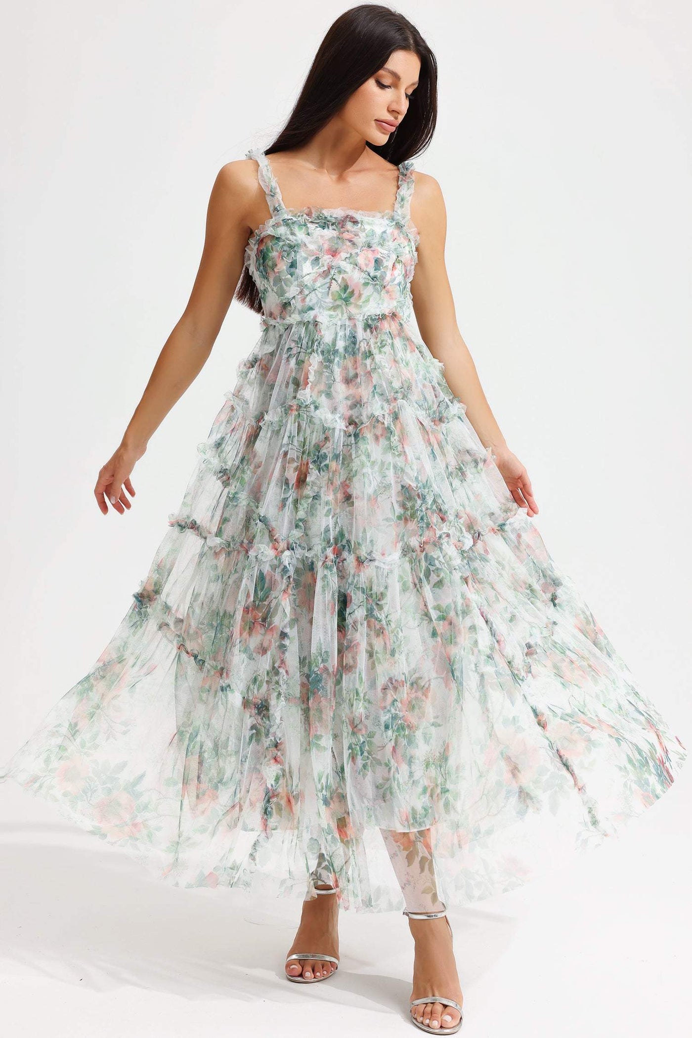 Reyanna™ | Floral Cami Tapered Waist Frill Hem Midi Dress Green