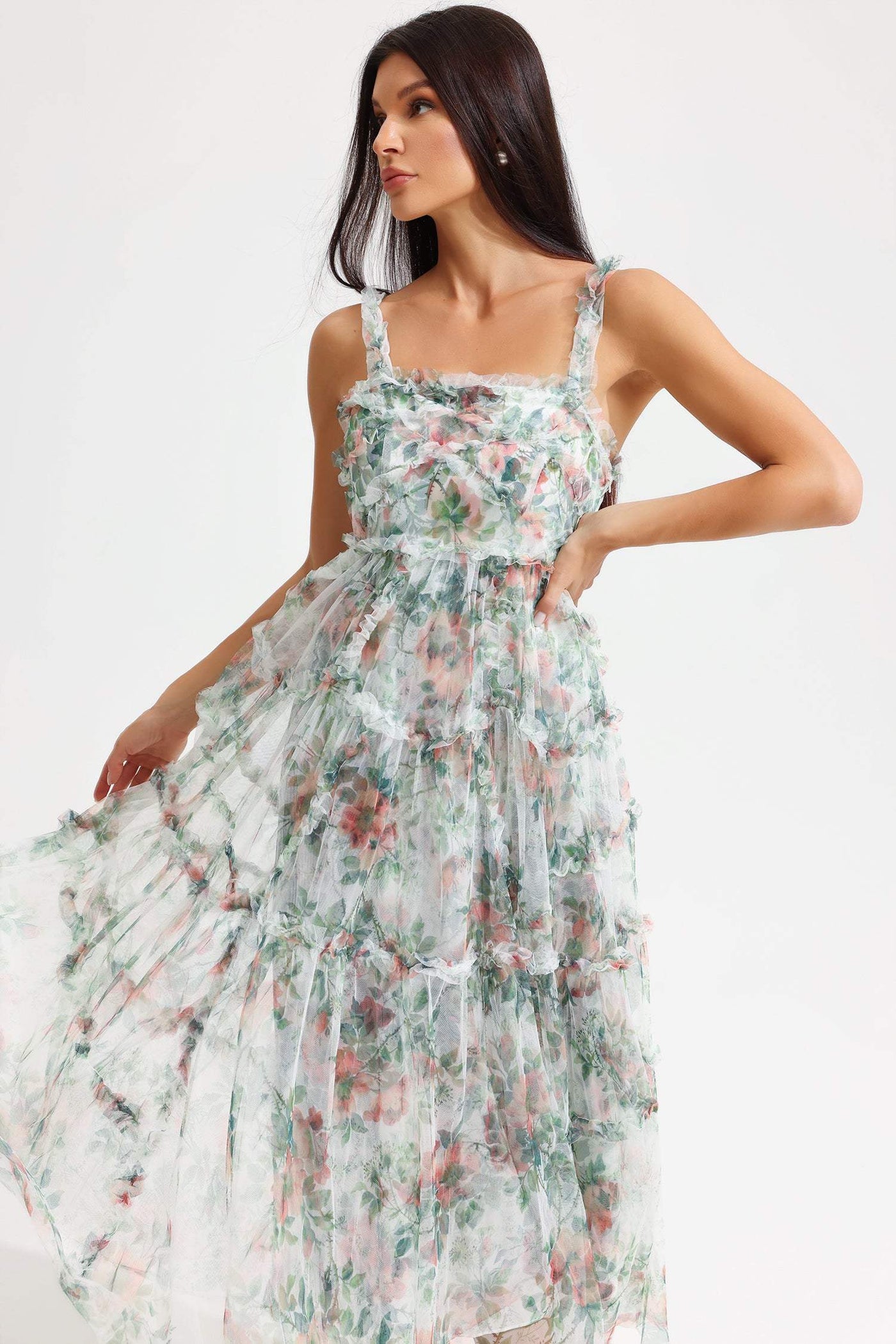 Reyanna™ | Floral Cami Tapered Waist Frill Hem Midi Dress Green