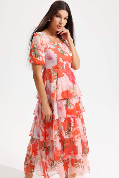 Reyanna™ | Floral Square Collar Lantern Sleeve Tapered Waist Midi Dress