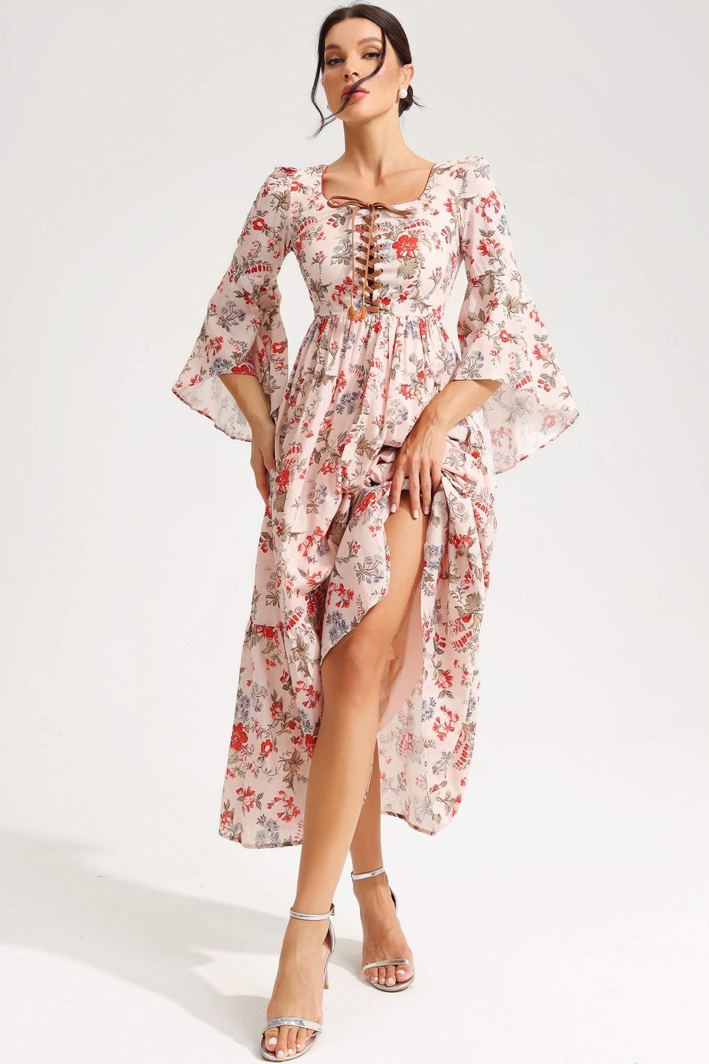 Reyanna™ | Floral Square Collar Flared Sleeve Lace Midi Dress