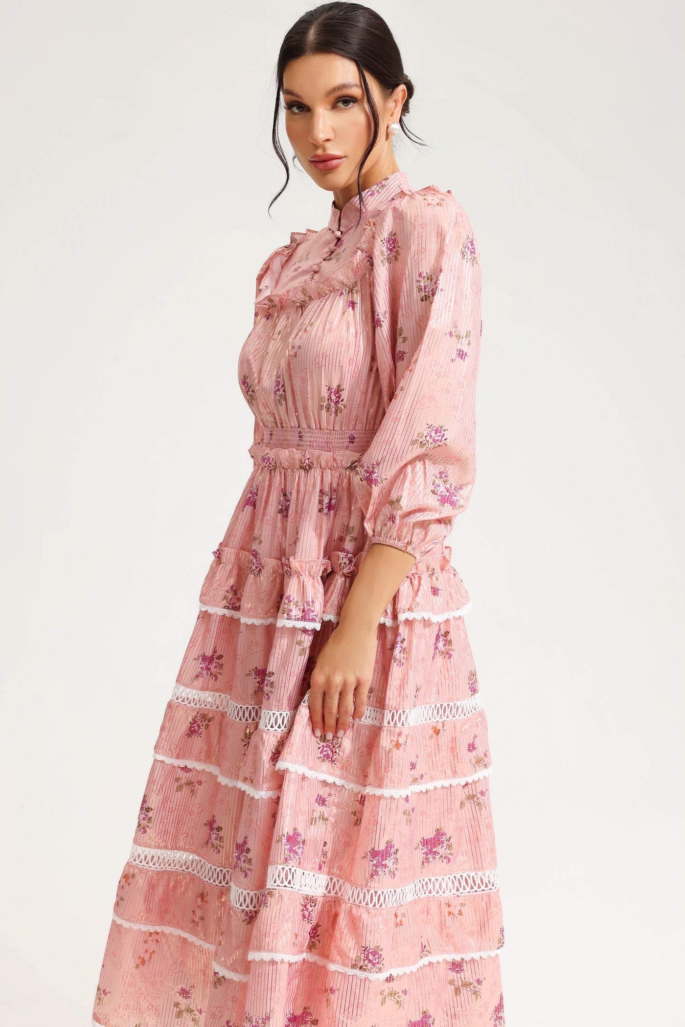 Reyanna™ | Floral Lantern Sleeve Buckle Midi Dress Pink