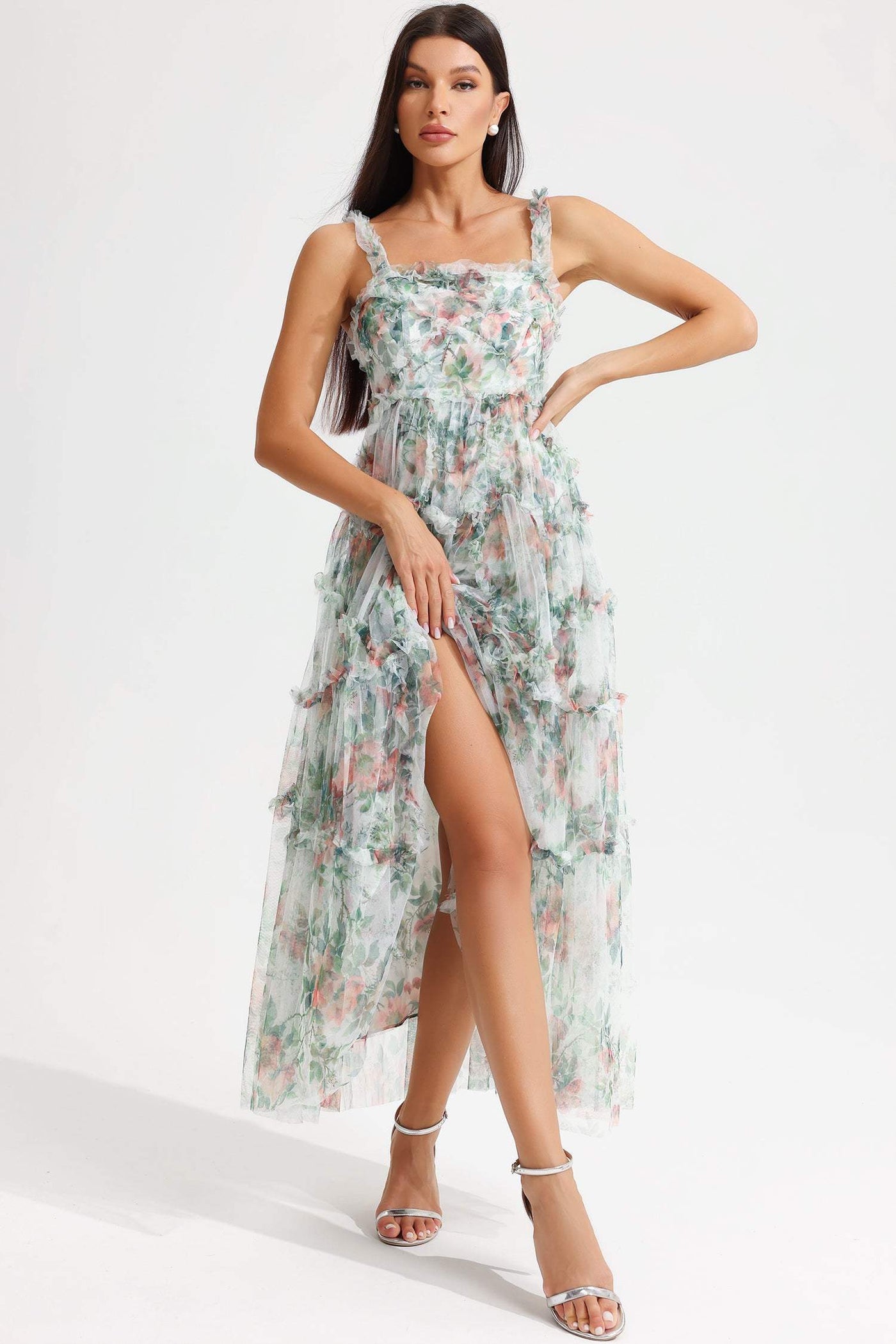 Reyanna™ | Floral Cami Tapered Waist Frill Hem Midi Dress Green