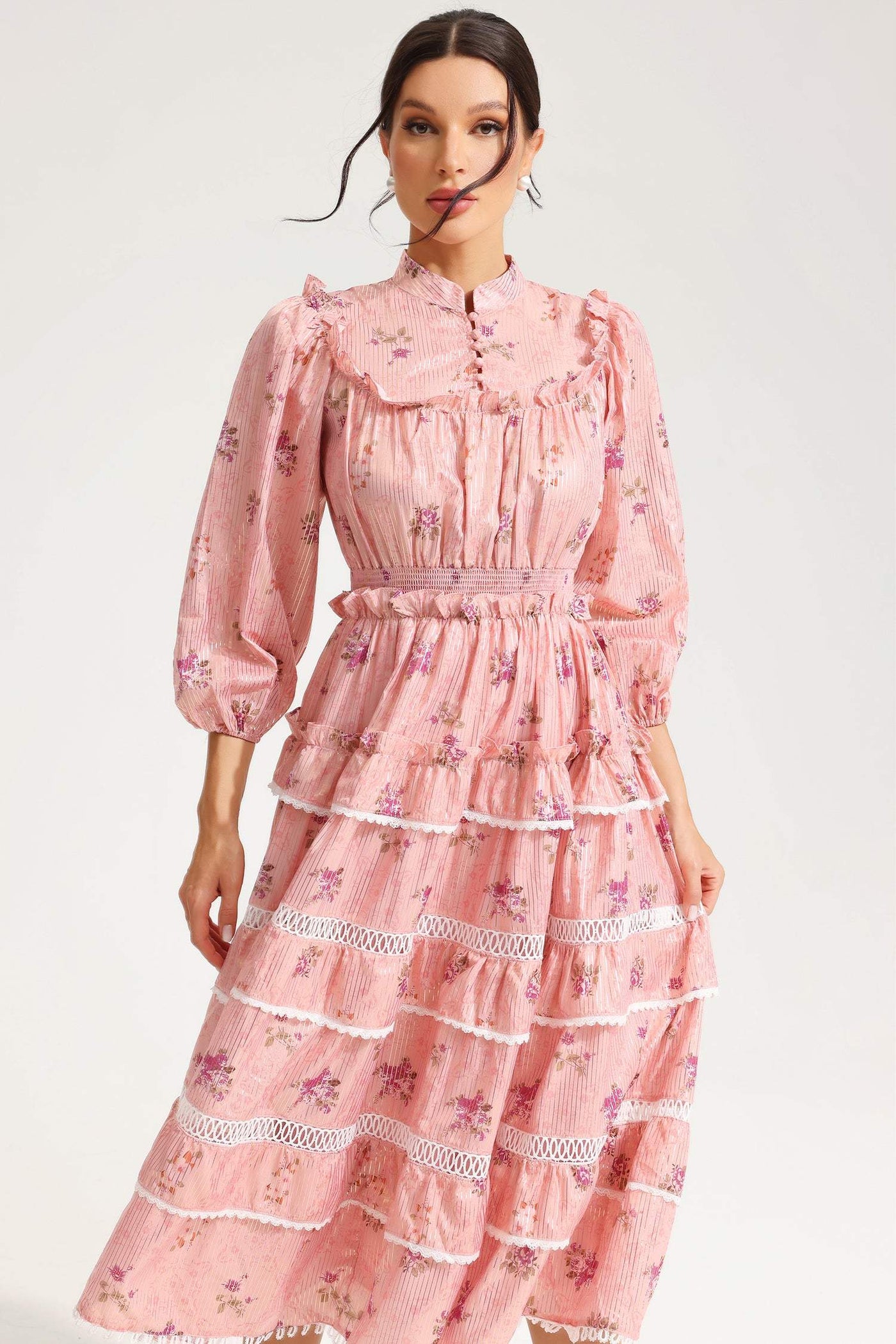 Reyanna™ | Floral Lantern Sleeve Buckle Midi Dress Pink