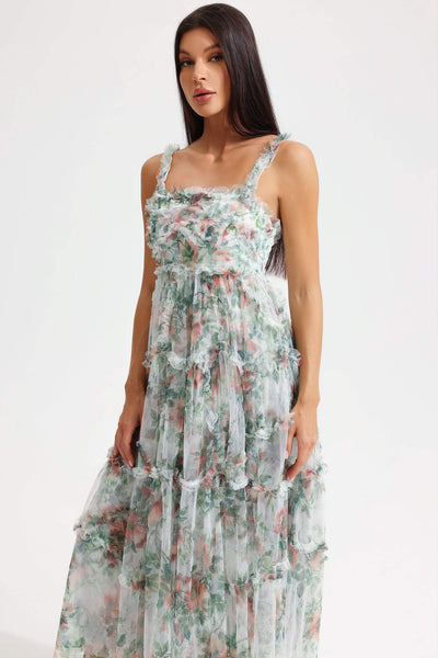 Reyanna™ | Floral Cami Tapered Waist Frill Hem Midi Dress Green