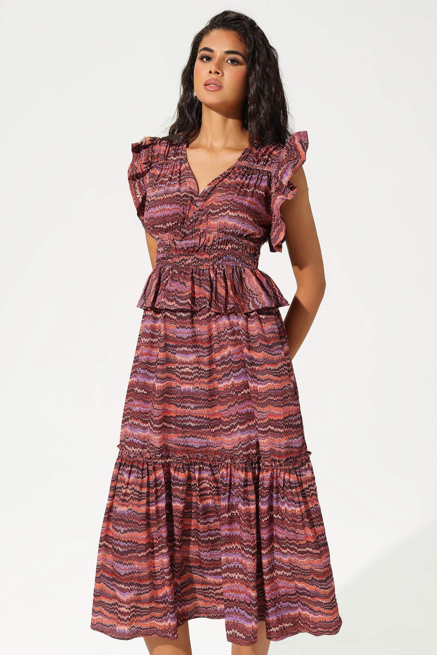Reyanna™ | Layered Ruffle Sleeve V-Neck Midi Dress