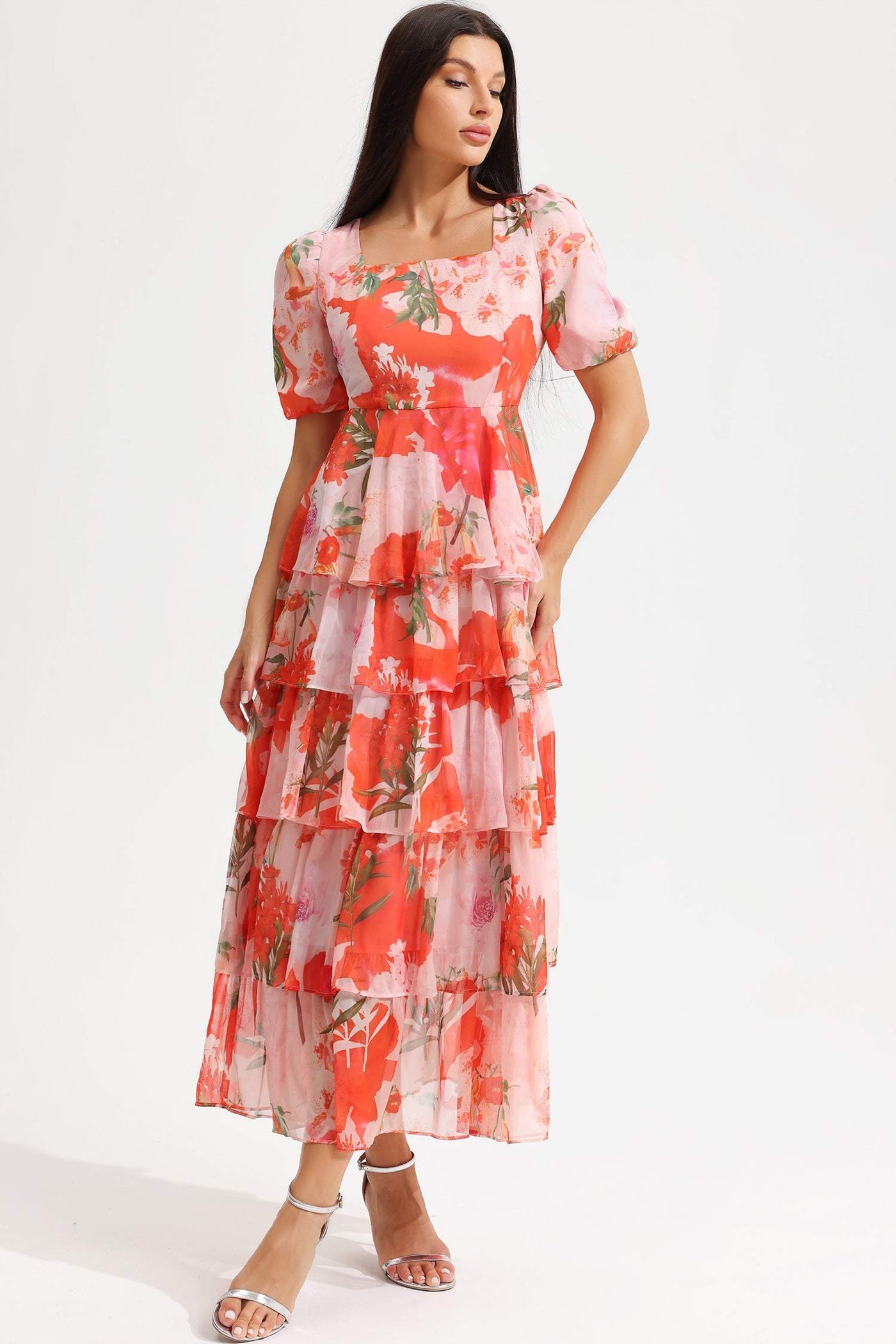 Reyanna™ | Floral Square Collar Lantern Sleeve Tapered Waist Midi Dress