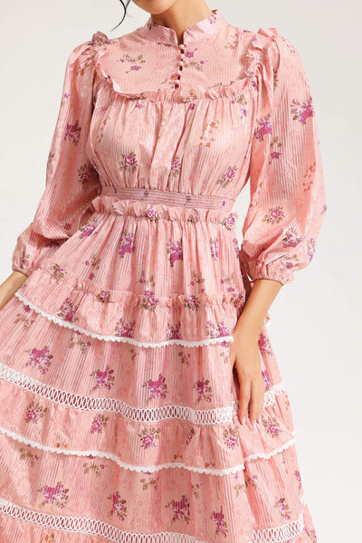 Reyanna™ | Floral Lantern Sleeve Buckle Midi Dress Pink