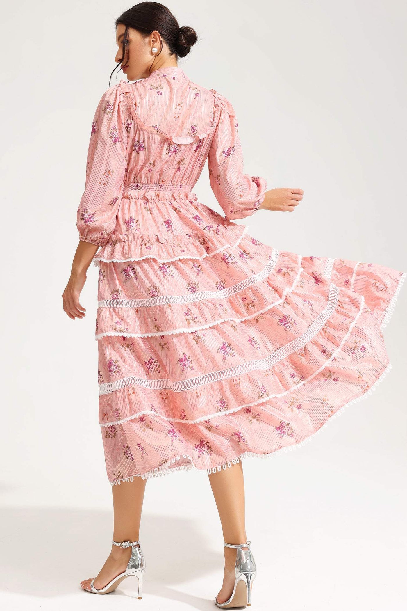 Reyanna™ | Floral Lantern Sleeve Buckle Midi Dress Pink