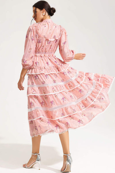 Reyanna™ | Floral Lantern Sleeve Buckle Midi Dress Pink
