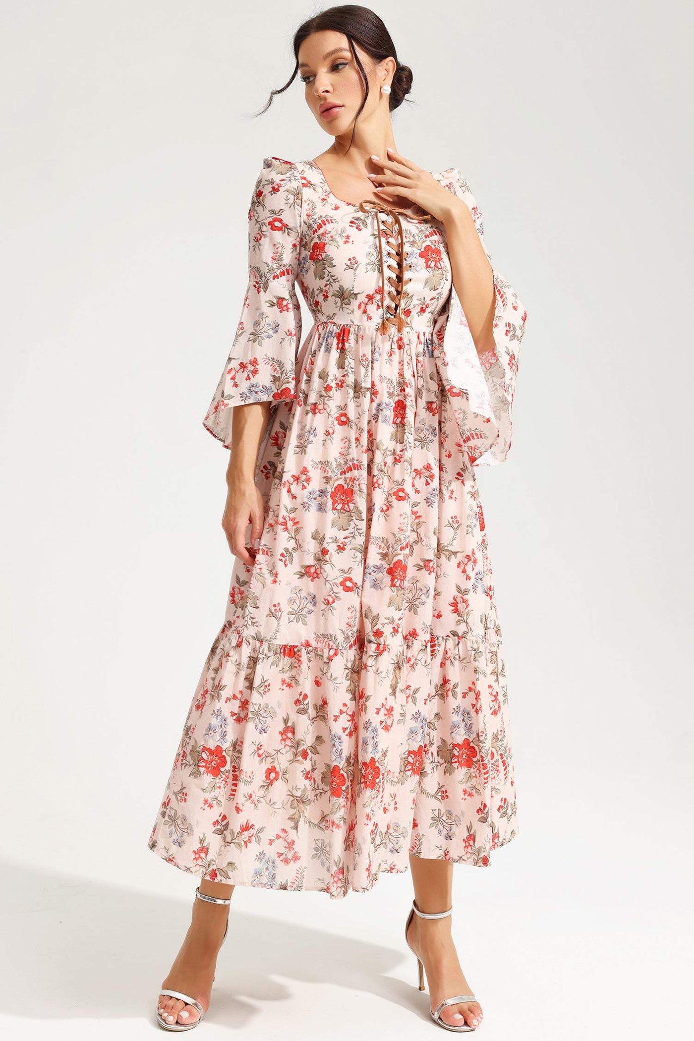 Reyanna™ | Floral Square Collar Flared Sleeve Lace Midi Dress