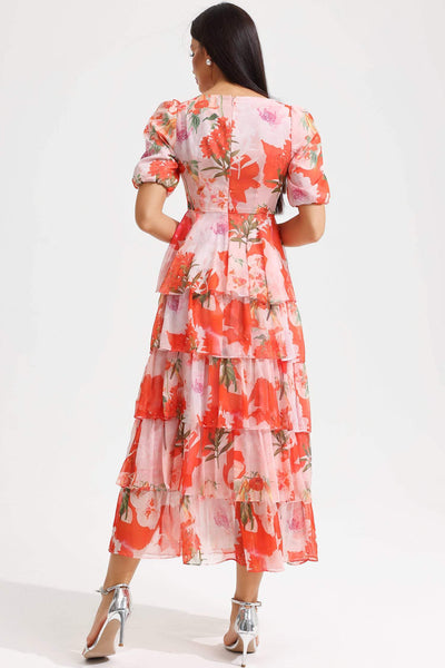 Reyanna™ | Floral Square Collar Lantern Sleeve Tapered Waist Midi Dress